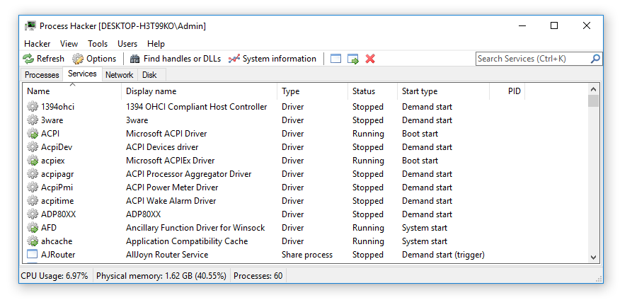 Process Hacker services management tab showing Windows services